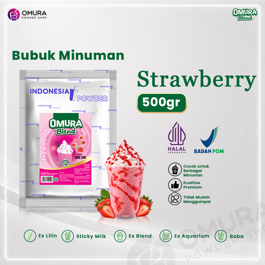 OMURA Bubuk Minuman Premium Rasa Strawberry / Stroberi 500 Gram Halal & BPOM Blend Powder Drink