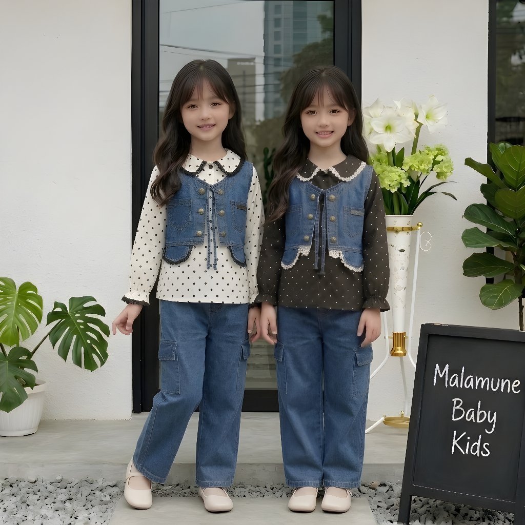 OOTD Anak Perempuan Tiara One Set Rompi Jeans Setelan Polkadot Rompi 3 in 1 Soft Jeans Mix Shakila A