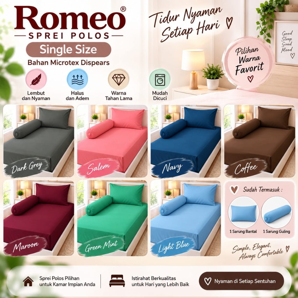 Sprei Romeo Polos Small Single 90x200x20 Tinggi 20 cm Bahan Microtex Dispears / kasur no.5
