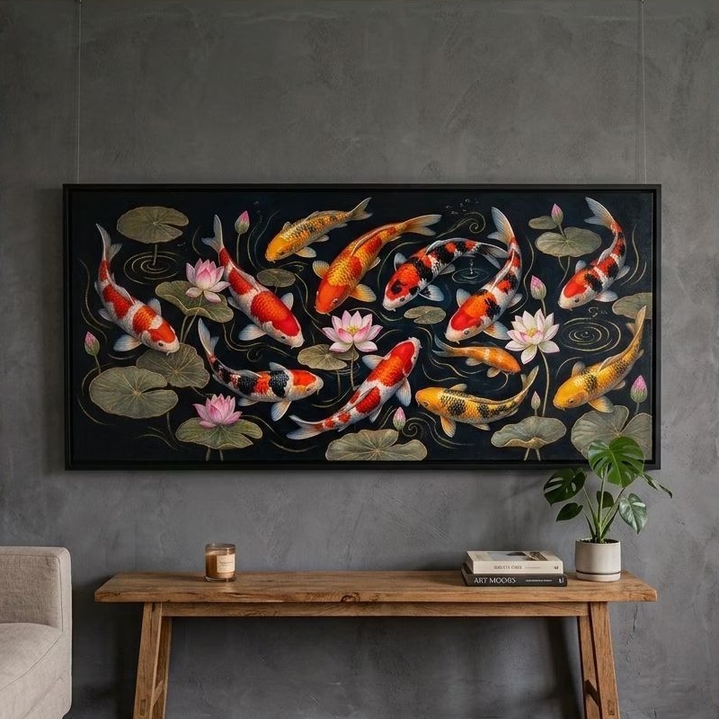 Lukisan Kanvas Ikan Koi Fengshui 12 Ekor & Bunga Teratai Premium (100x200 cm) Original Handmade - RD