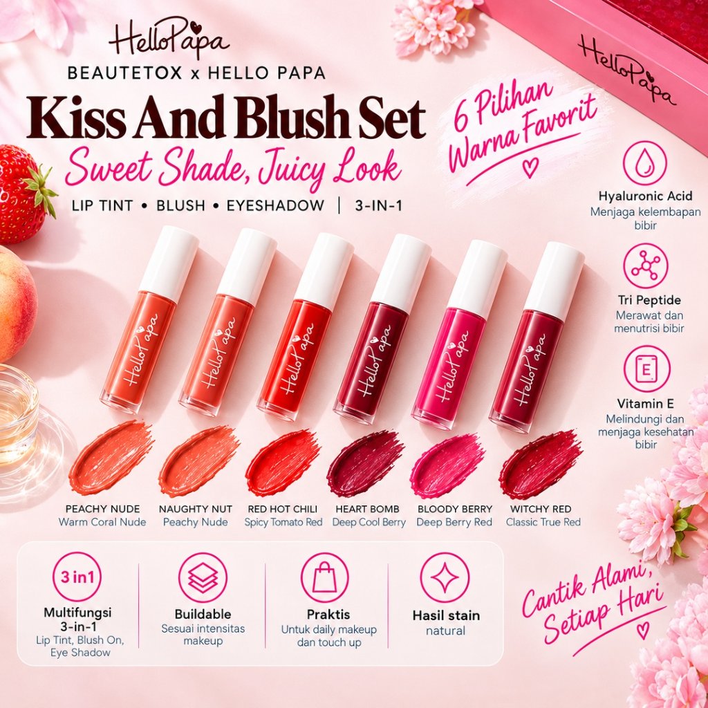 [NED] BEAUTETOX x HELLO PAPA Kiss & Blush Set Lip Tint 3in1 Blush On Eyeshadow Lip & Cheek Natural L