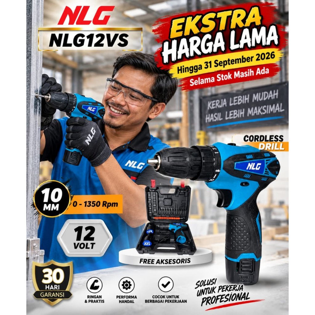 NLG 12VS mesin bor obeng cordless drill 12volt Bor set aksesoris + Koper + 2 BATERAI NLG12VS