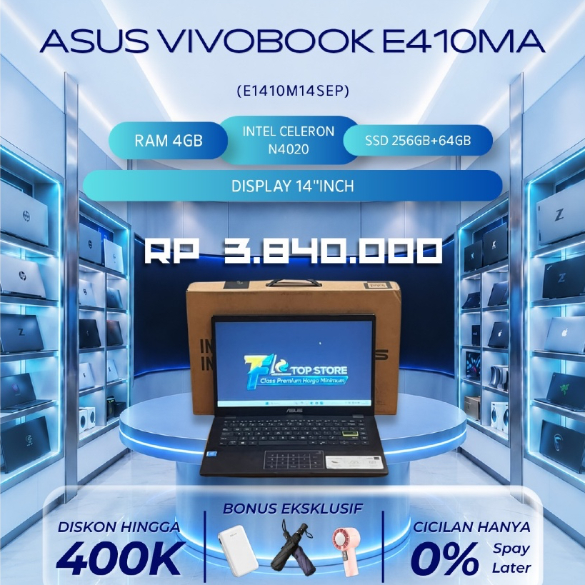 LAPTOP ASUS VIVOBOOK E410MA FULLSET 14INCH HD CELERON N4020 RAM 4GB SSD 256GB + 64GB | SIAP PAKAI