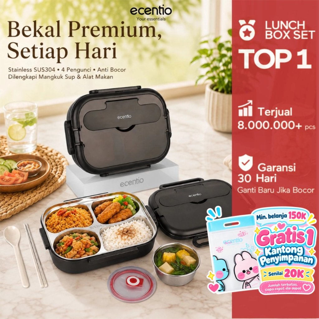 [Ready Stock] ecentio Lunch Box Stainless 304 1000ML Kotak Makan Anti Bocor Anti Tumpah Tempat Bekal