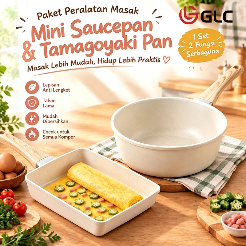 GLC Paket Peralatan Masak Saucepan 20CM& Tamagoyaki Pan 20CM 1 Set 2 Fungsi Serbaguna Anti Lengket