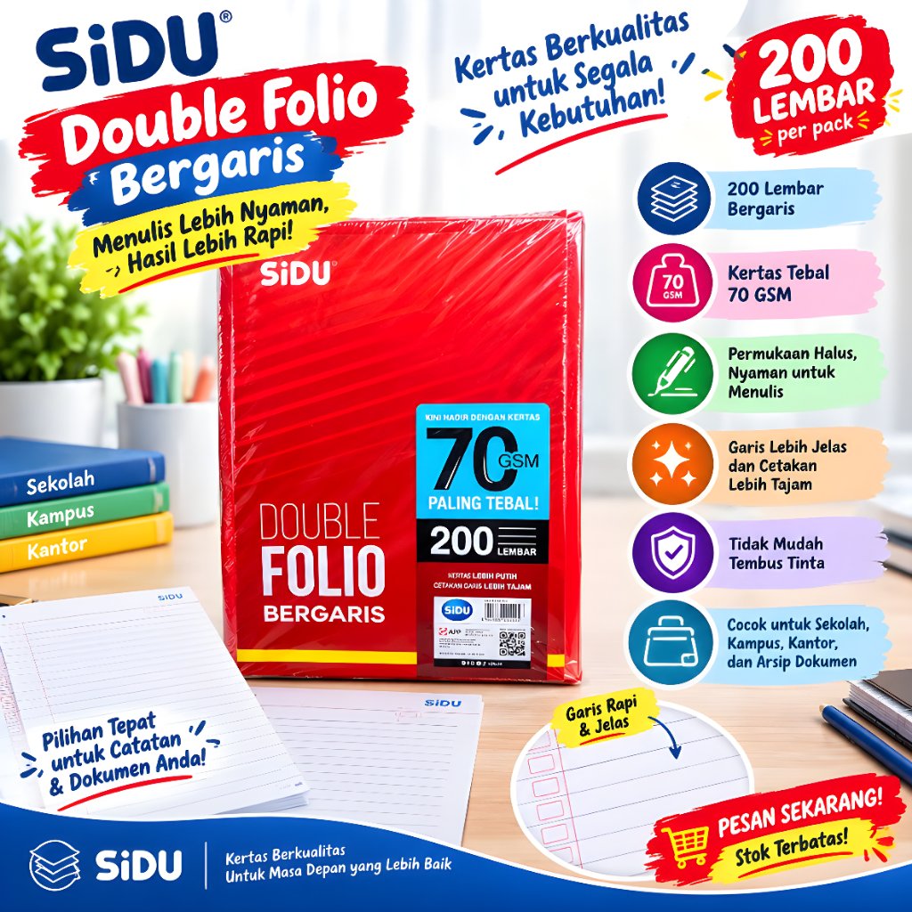 SIDU Double Folio Bergaris 200 lembar SIDU 70 GSM 1Pack Murah