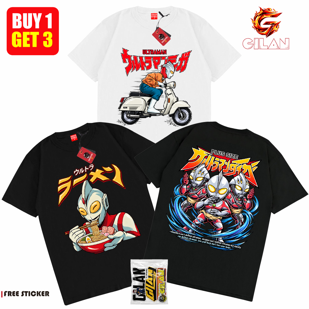 Paket Super Hemat 3 Kaos Distro Unisex Motif ULTRAMAN GODZILLA MONSTER JAPAN Bahan Cotton Combed 24s