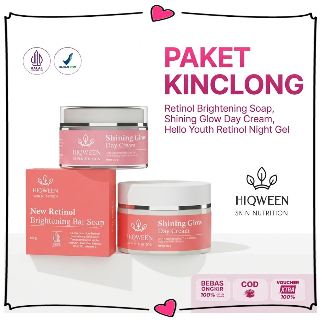 SKINCARE HIQWEEN PAKET KINCLONG  ISI 3 PRODUK - untuk Perawatan Wajah Mencerahkan Melembapkan, Menya