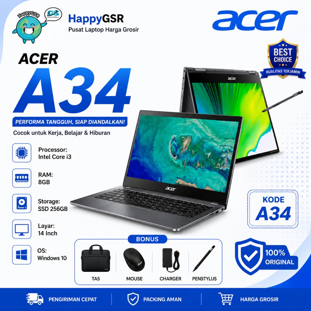 A34/Laptop Acer TouchScreen  Flip Intel core i3 G8 RAM 8GB SSD 256GB/LaptopHappyGSR / SPIN5
