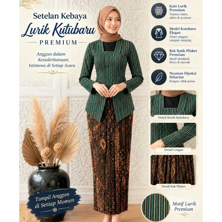 Setelan Kebaya lurik Hijau Abu dan  Rok Batik Plisket Wanita Dewasa Premium I Setelan Kebaya Lurik d
