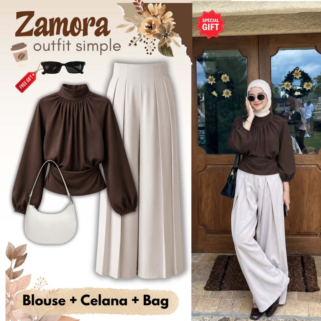 Zamora Set Outfit Kekinian (Blouse + Celana + Bag + FREE GIFT) OOTD Wanita Casual Elegan -AS9