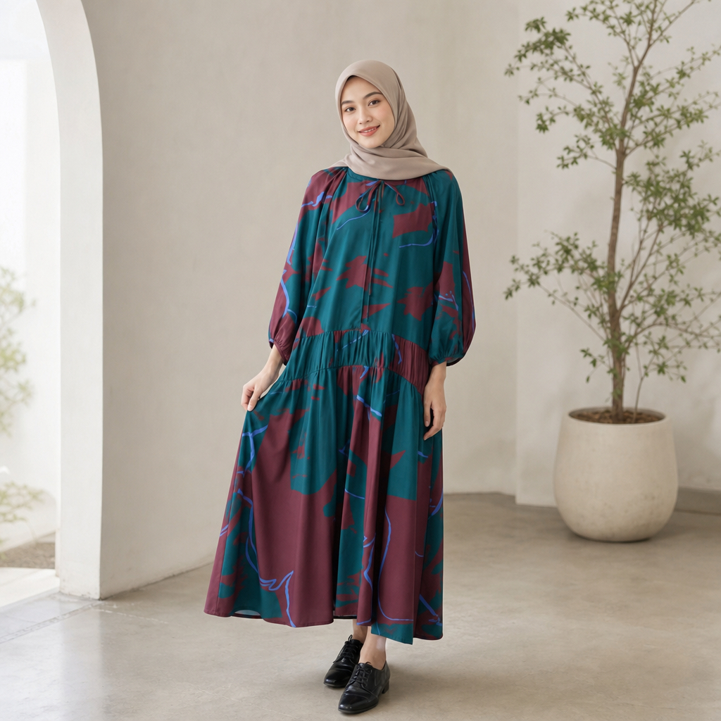 Gamis Muslimah | Maxi Dress Wanita | Motif Abstrak | Lengan Balon | Kerut Pinggang | Dress Hijab Wan