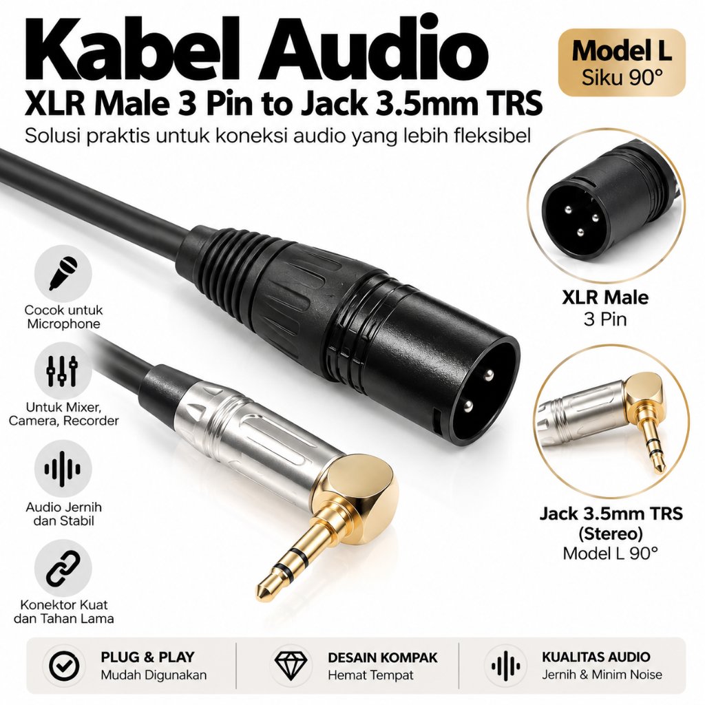 Kabel Audio XLR Male 3 Pin to Jack 3.5mm TRS Stereo Model L Kabel Mic