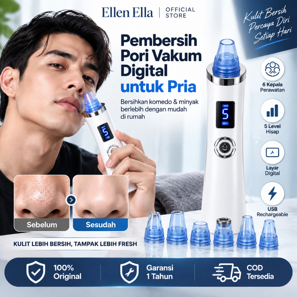 Pembersih Pori Vakum Digital Pria Alat Pengangkat Komedo Elektrik Wajah dengan 6 Kepala Perawatan, 5