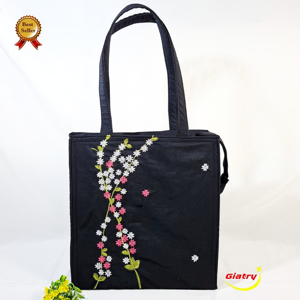 Tas bahu map bordir melati kecil aplikasi tas map kece tas zipper jinjing tas serbaguna