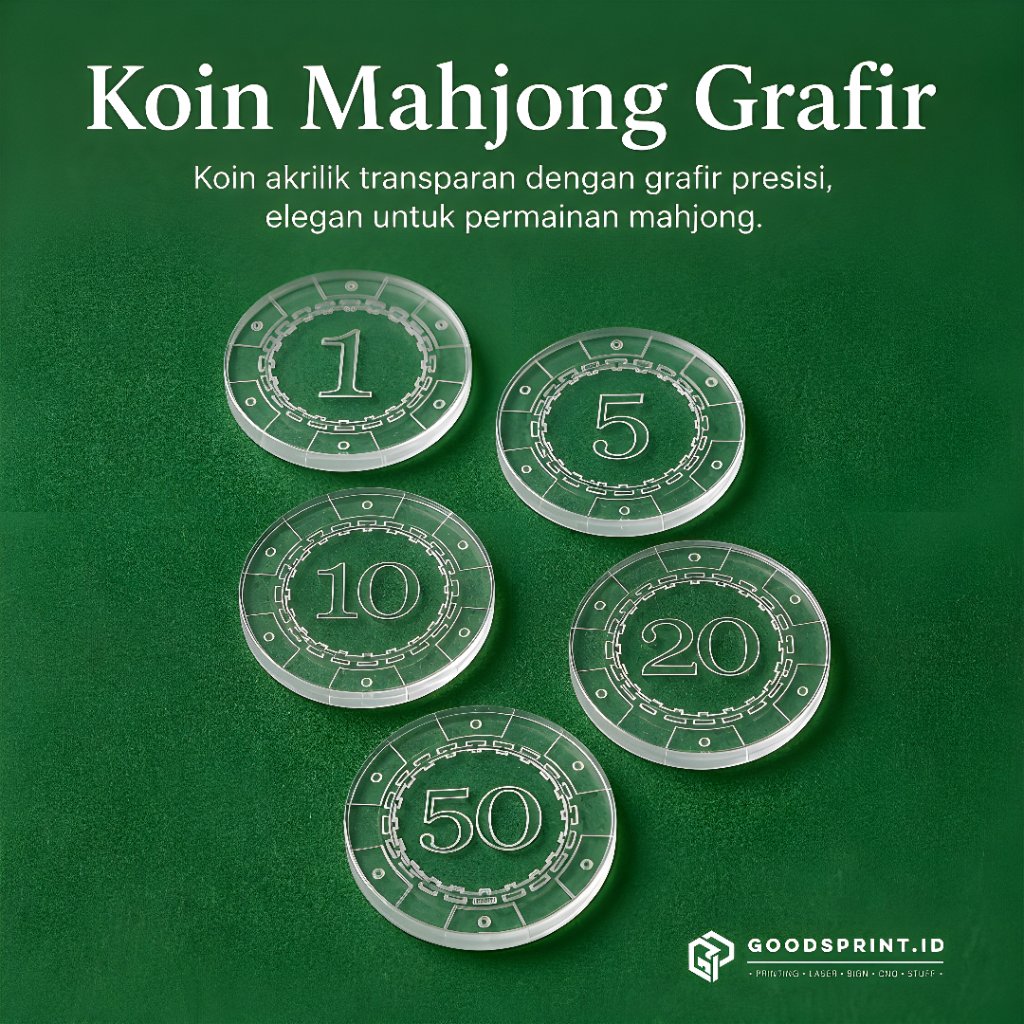 Koin Mahjong Akrilik Transparan Grafir Laser | Coin Board Game Premium | Set 10 Pcs Koin Angka Nomin