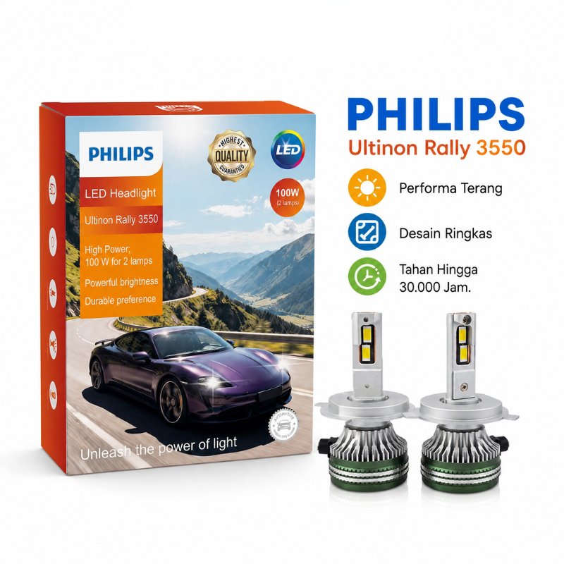 PHILIPS LED Ultinon Rally 3550 100W Headlight Mobil H4 H7 H11 H1 9005/9006 6500K Putih Original