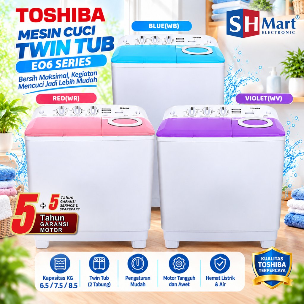 TOSHIBA MESIN CUCI 2 TABUNG VH-H75MN / VH-H85MN / VH-H95MN GARANSI RESMI (MEDAN)
