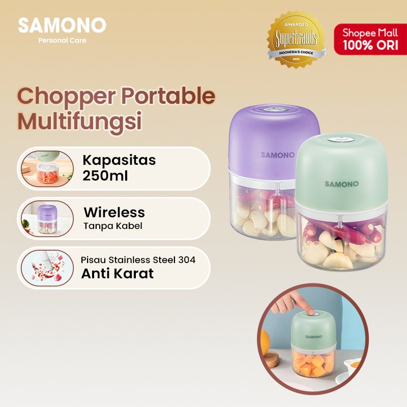 SAMONO Portable Chopper Bawang L4 Mini Blender Bumbu Elektrik Serbaguna Penghalus Daging Cabe Sekali Tekan Food Grade Stainless Steel Tajam Tanpa Kabel Rechargeable Type C 30 Watt Kapasitas 250ML Alat Masak Praktis Garansi Resmi