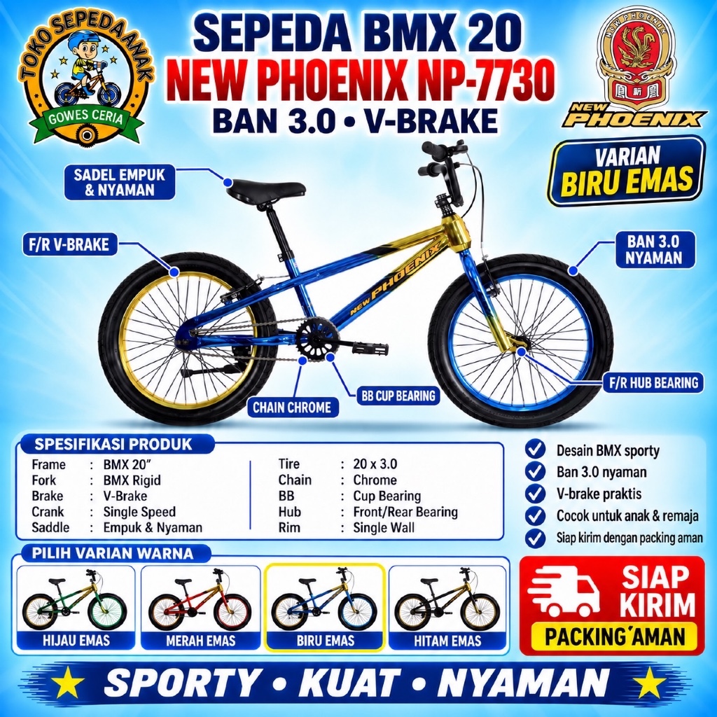 Sepeda Anak Laki BMX 20 Inch New Phoenix NP 7730 Chrome Metallic Ban 3.0 Jumbo V-Brake Bearing Sport