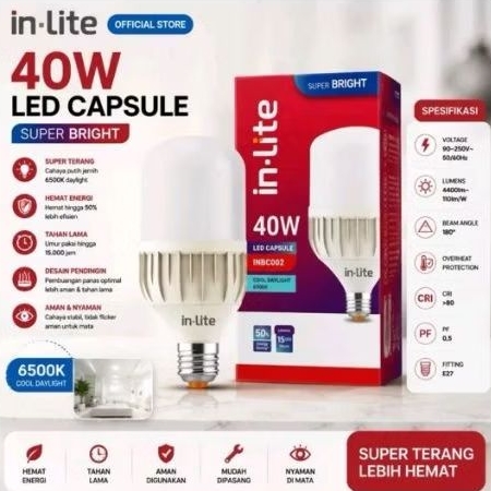 Lampu LED in-lite 40W Super Bright 6500K Putih Sejuk E27 Hemat Energi