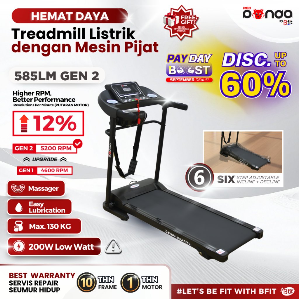 Treadmill Elektrik REDPANDA 585LM Multifungsi Listrik Lipat Portable Low Watt Fitness Gym