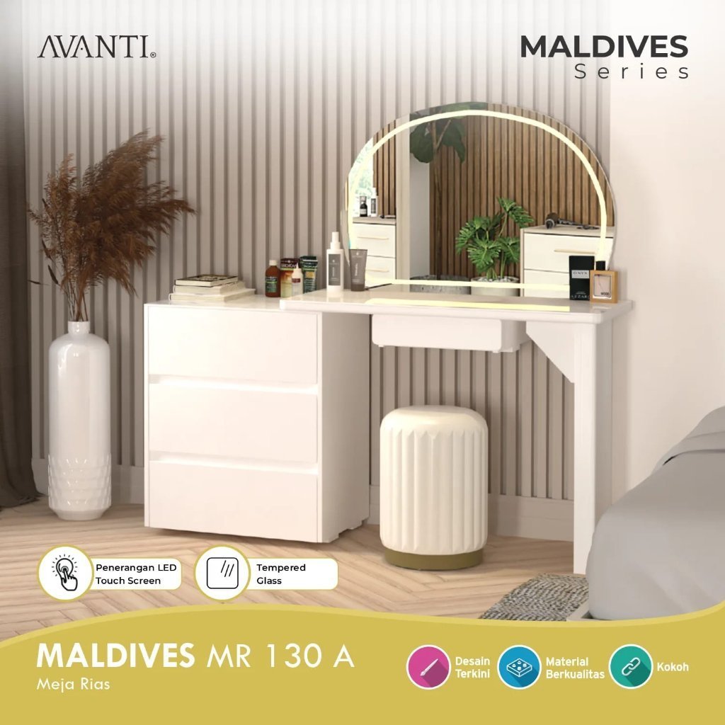 Meja Rias Minimalis Avanti Maldives MR 130 A LED Touch Sensor Cermin Bulat Tempered Glass 4 Laci Puf