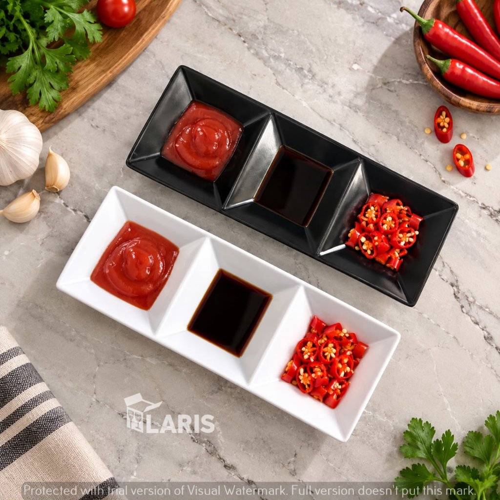 Sauce Dish Kotak Melamin Sekat 3 Merk Onyx 14327 / Piring Sambal