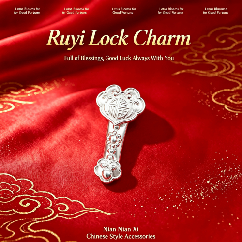 LOVE WHEEL Official~S999 Fine Silver "Fu" Character & "Auspicious & Wishful" Lock Pendant, Straight-