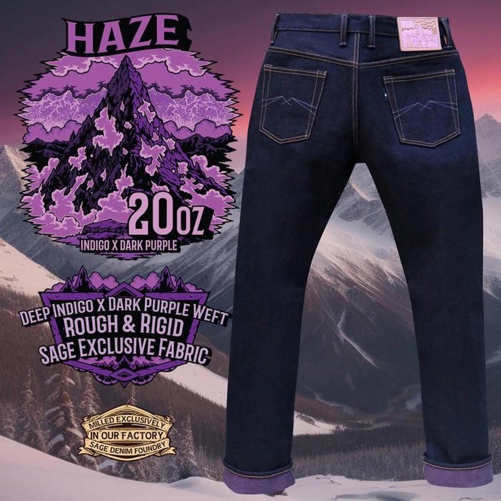 Celana Pria 20oz Purple Weft - 28 Jeans Panjang dengan Kain Exclusive Sage Haze Indigo x Dark Purple