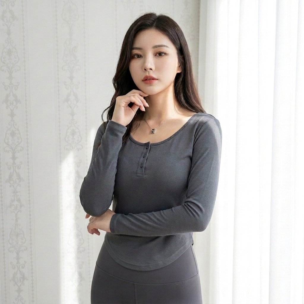 299 - Kaos Henley Wanita Semi Crop Top Oval Lengan Panjang : Korean Style Top with Buttons