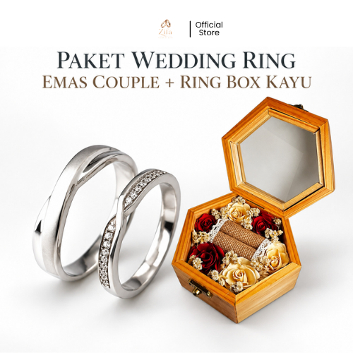 ZIFA WEDDING RING - Paket Emas Paladium + Ring Box Kayu