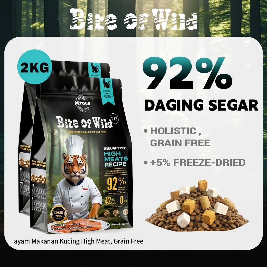 Bite Of Wild - Makanan Kucing Kering Catfood P42 Premium Grain Free 2kg dengan toping Salmon/Ayam/Da