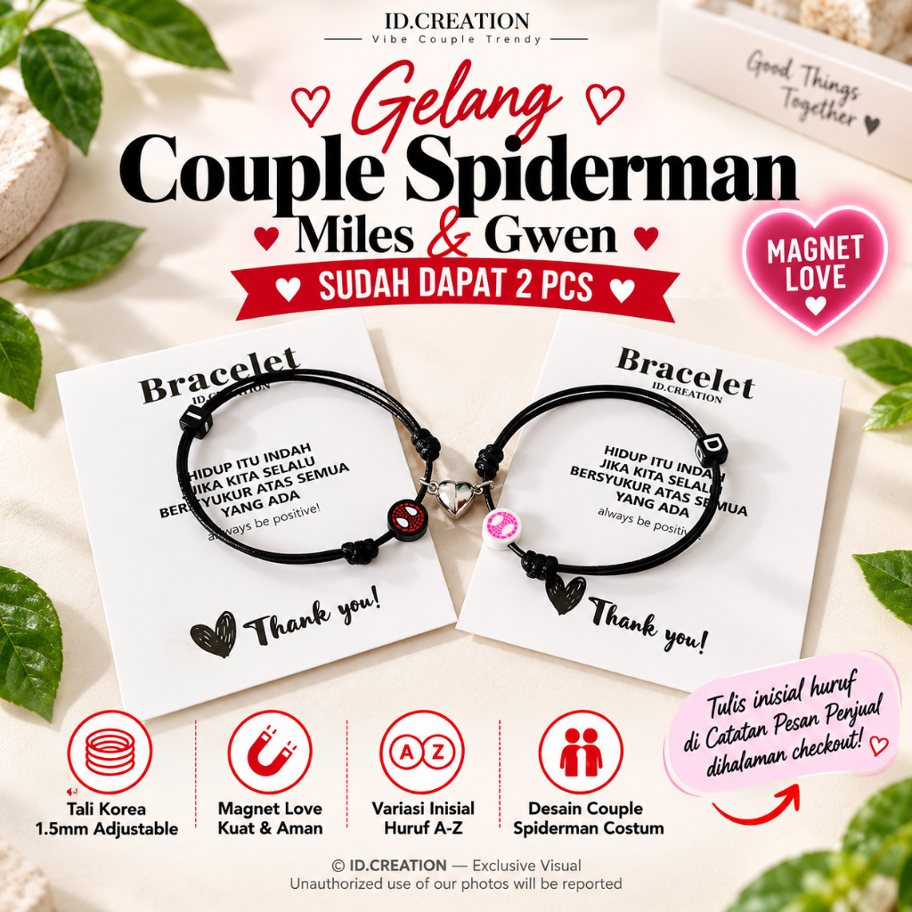Gelang Couple Magnet Love Spiderman Miles Gwen &  Costum Inisial Huruf Dadu Tali Korea 1.5mm Warna H