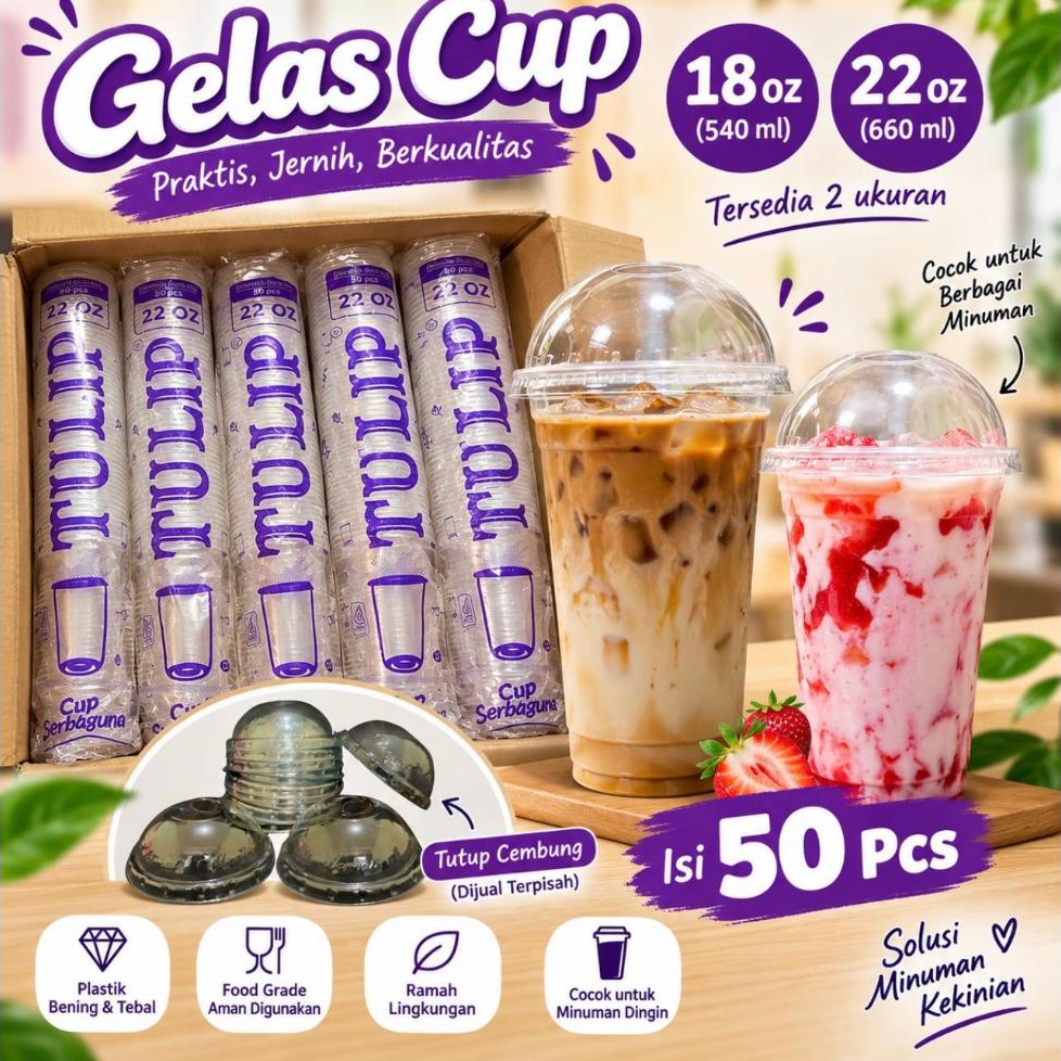 Gelas Cup Plastik 18oz 22oz Isi 50pcs | Cup Minuman Bening Tebal | Food Grade | Cup Es Kopi & Minuma