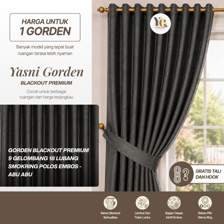 GORDEN JENDELA BLACKOUT PREMIUM 9 GELOMBANG 18 LUBANG SMOKRING POLOS EMBOS BAHAN TEBAL DAN LEMBUT