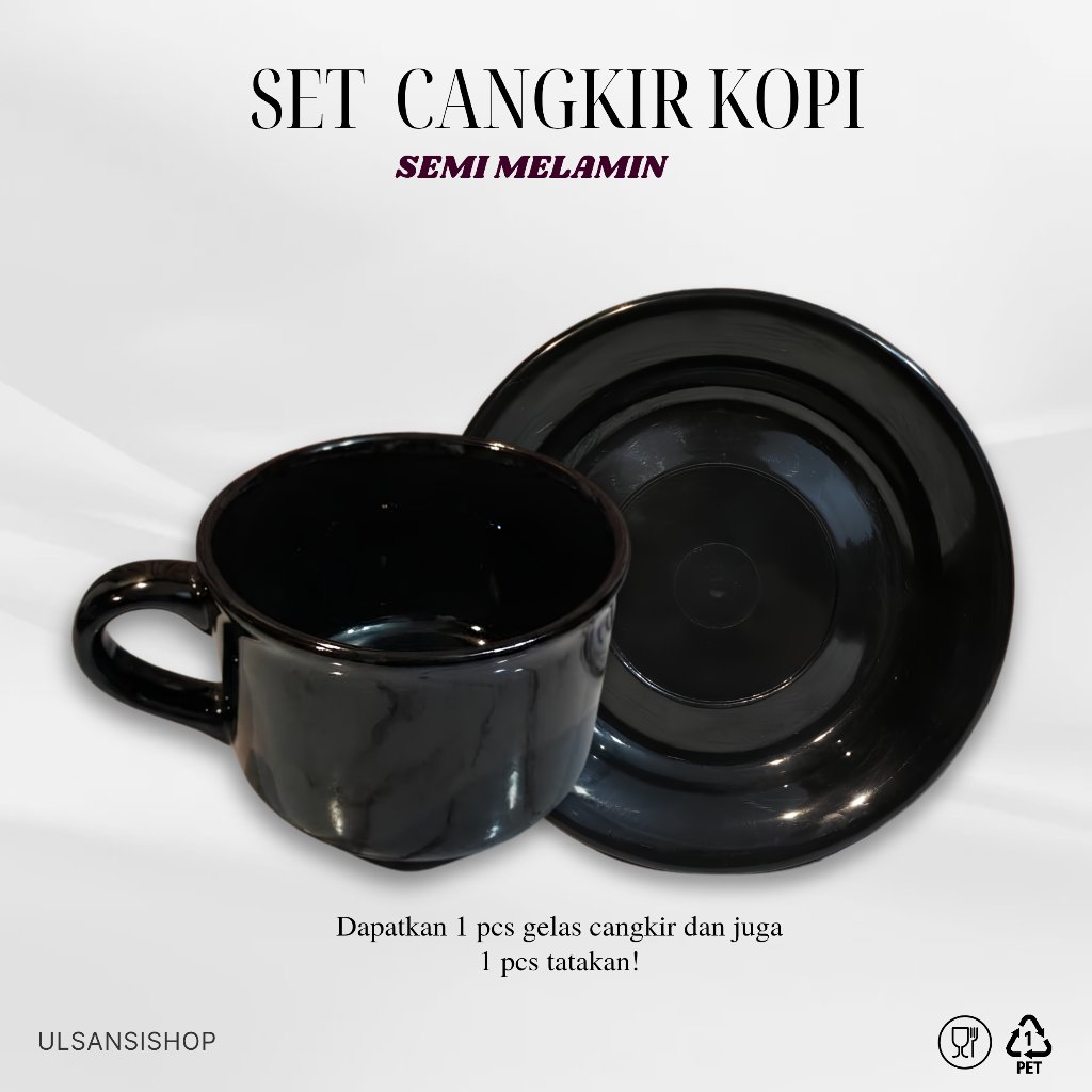 1 SET CANGKIR KOPI + TATAKAN GELAS PLASTIK SEMI MELAMIN WARNA  HITAM