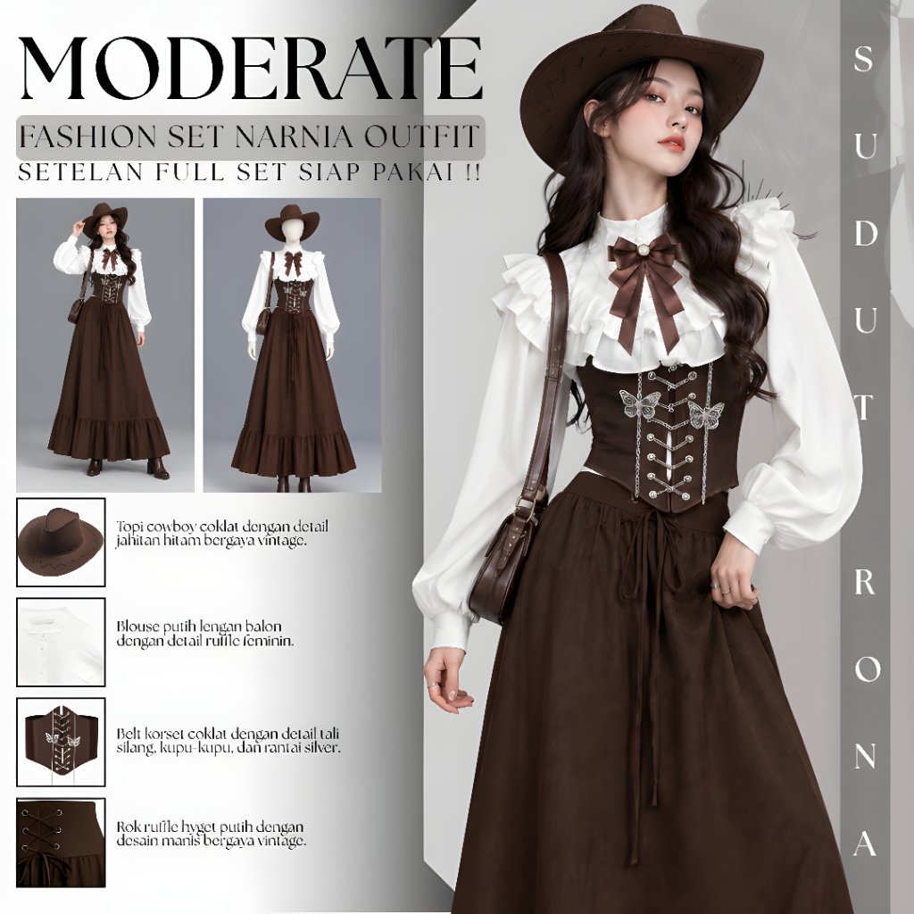 Setelan Busana 5IN1 Narnia Outfit Kekinian | One Set Blouse + Rok + Belt + Topi dan Brooch | RONA095