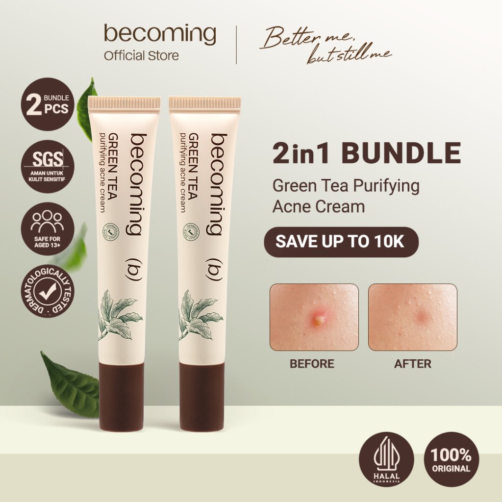 [2 PCS LEBIH MURAH] becoming Green Tea Purifying Acne Cream 15gr | Acne Spot Treatment | Obat Jerawa