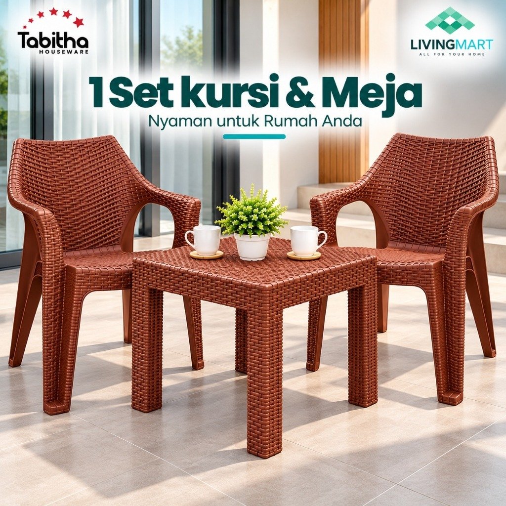 Tabitha Satu set kursi Meja Teras + Kursi Motif Rotan / Meja Tamu Minimalis Plastik MURAH