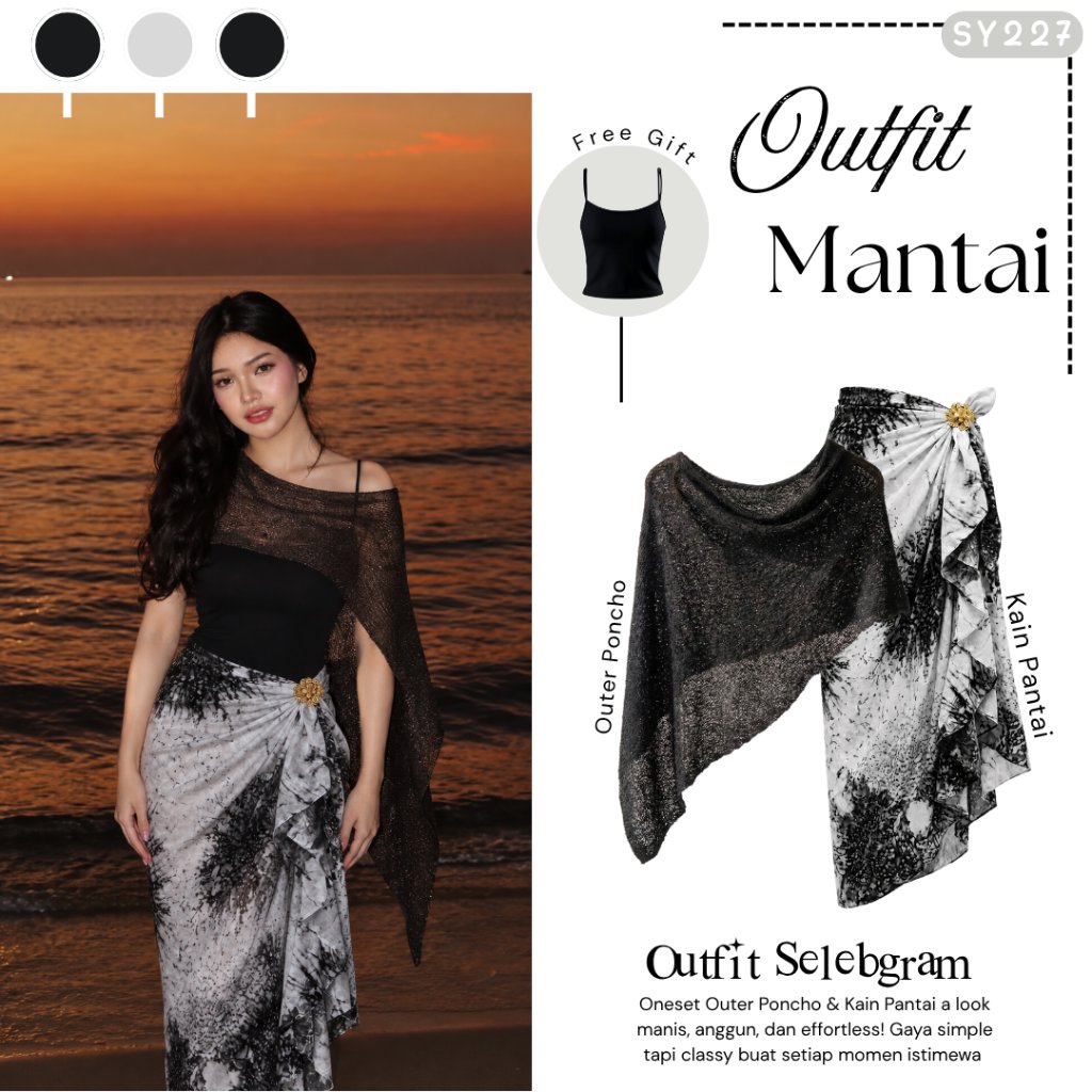 One Set Mantai Wanita | Tanktop + Outer Poncho + Kain Pantai | Outfit Liburan Pantai - SY227