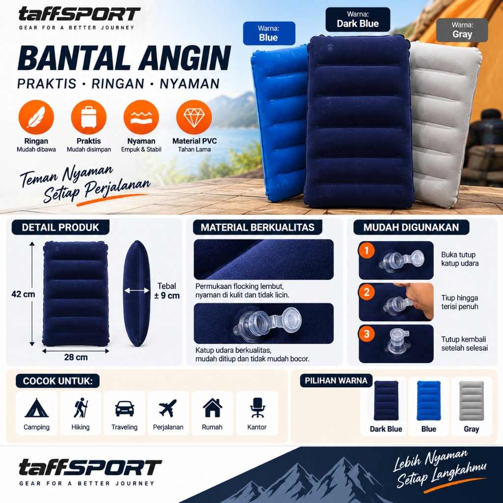 Bantal Angin Tiup Bantal Portabel PVC Bludru Besar Warna Biru