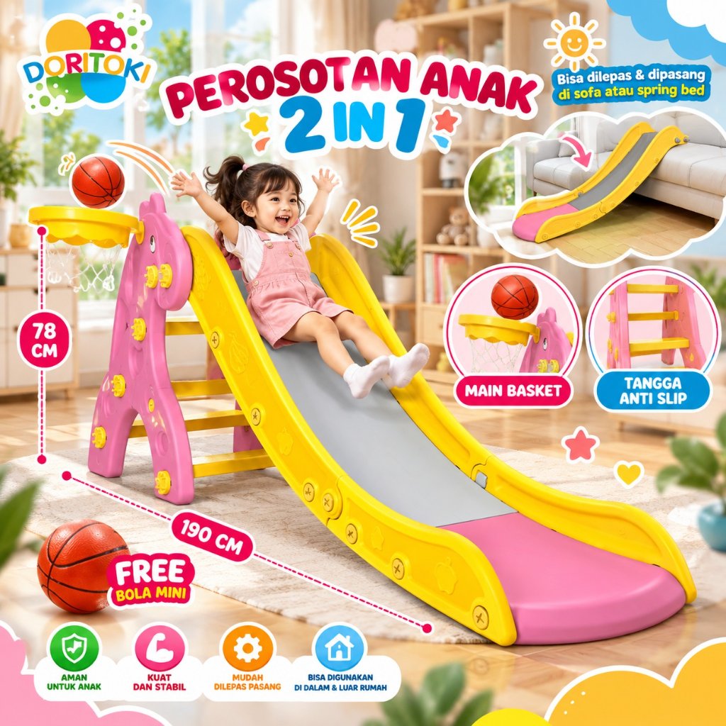 Doritoki SNI Mainan Perosotan Anak Prosotan Playground Anak Seluncuran Anak Free Ring Basket HDPE 00