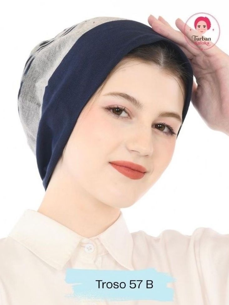 Kaloka Turban dewasa instan sorban hijab kupluk beanie topi kemo tenun motif etnik biru navy - Troso
