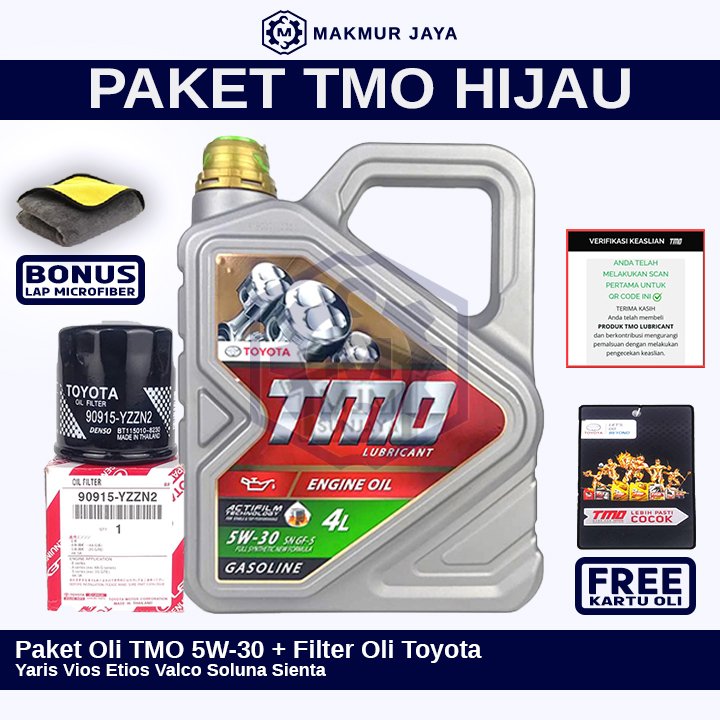 [GRATIS FILTER OLI] PAKET Ganti Oli Mesin TMO HIJAU SAE 5W-30 4 Liter TOYOTA Yaris Vios Limo Sienta 