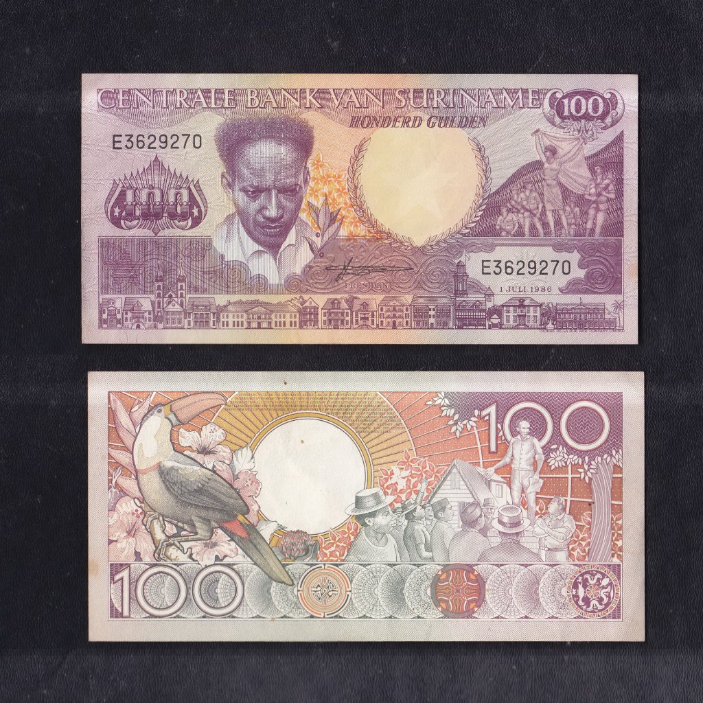 Uang kertas asing Suriname 100 Gulden tahun 1986