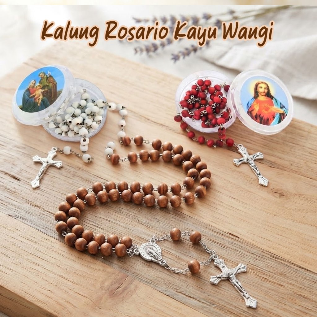 Kalung Rosario Katolik Aesthetic Kayu Wangi Harum Liontin Salib Wanita Pria Cokelat Putih Merah Maro