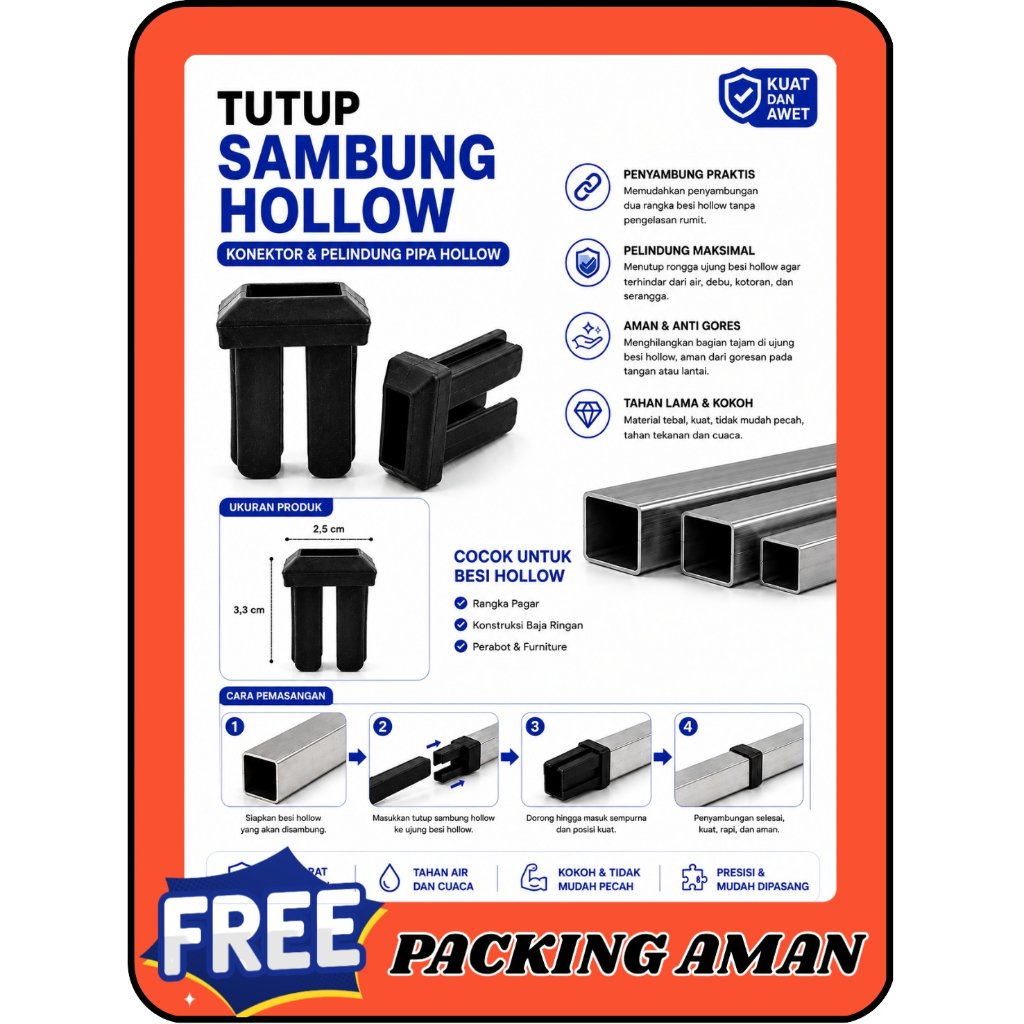 TUTUP SAMBUNG HOLLOW - SAMBUNGAN PIPA BESI HOLO - KAKI KURSI MEJA HOLO - TUTUP HOLLOW PLASTIK - TUTU