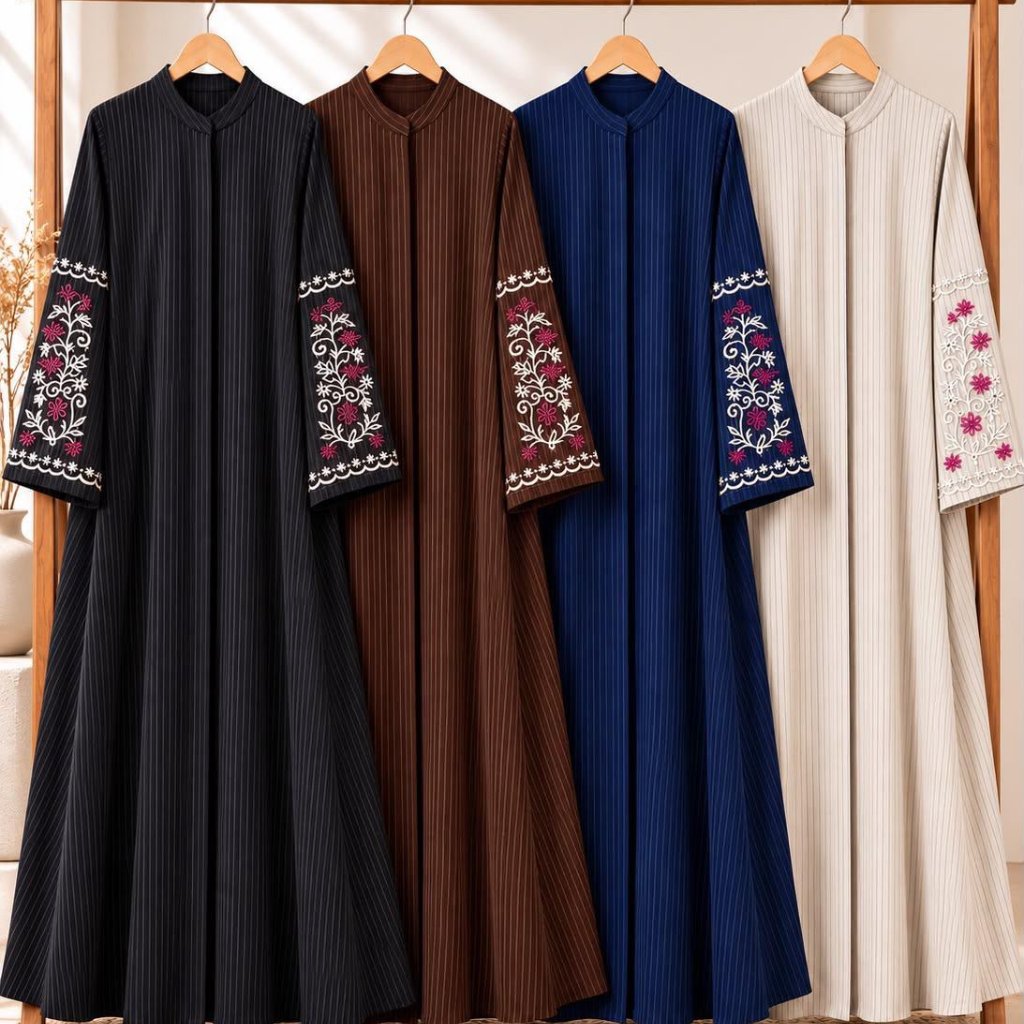ABAYA WANITA SAFIRA STRIP BY BERMERKS SYARI FLOWLY ADEM MOTIF GARIS BORDIR BUNGA CANTIK