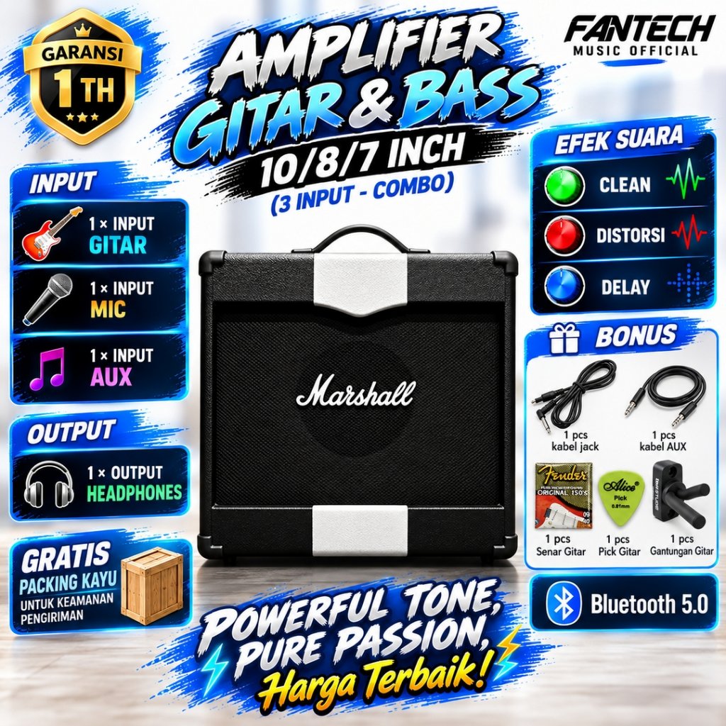 Ampli gitar & bass 10/8/7 inch 3 input ada bluetooth bisa untuk karaoke efek distorsi, bergaransi
